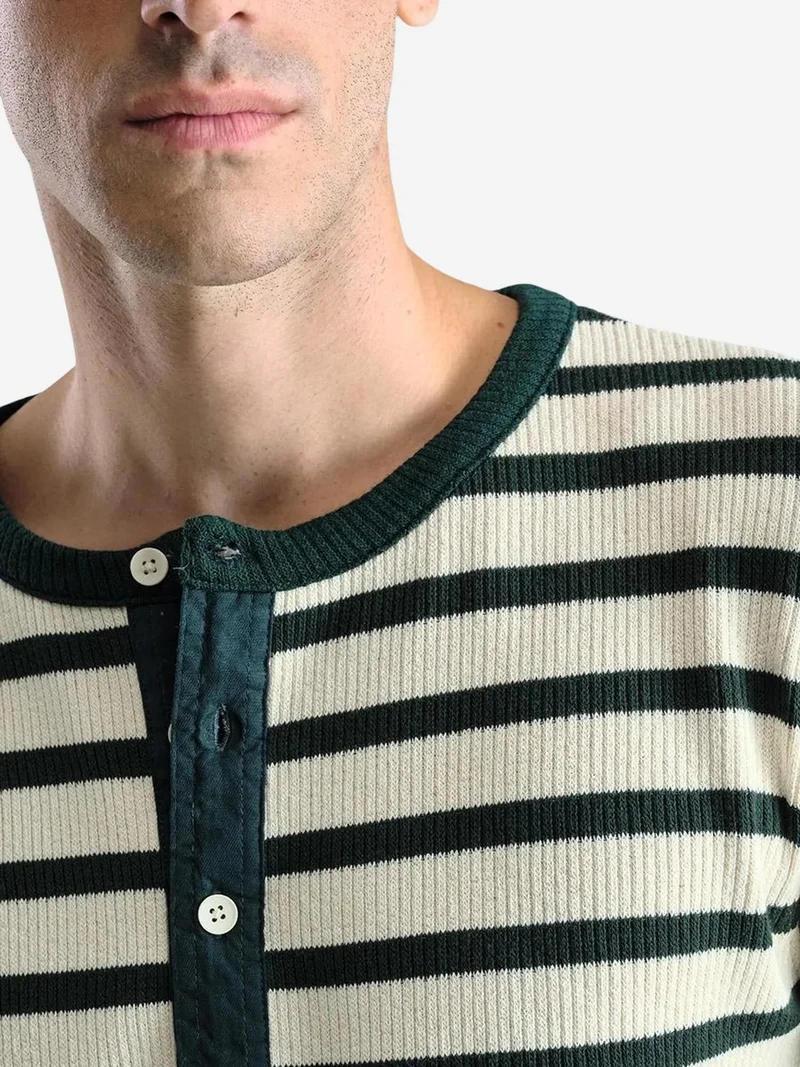جيستو GIESTO Striped Long Sleeve Crew Neck T-Shirt with Button Detail